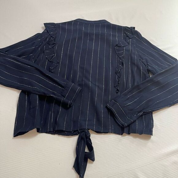 Rails Blouse Piper Tie Front Navy Silver Stripe Ruffle Button Up Shirt Medium - Picture 9 of 10